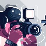 Photographer on studio fashion vector illustration. Creative boy with professional equipment making gorgeous photographs flat style concept. Professional man looking through camera lens on object